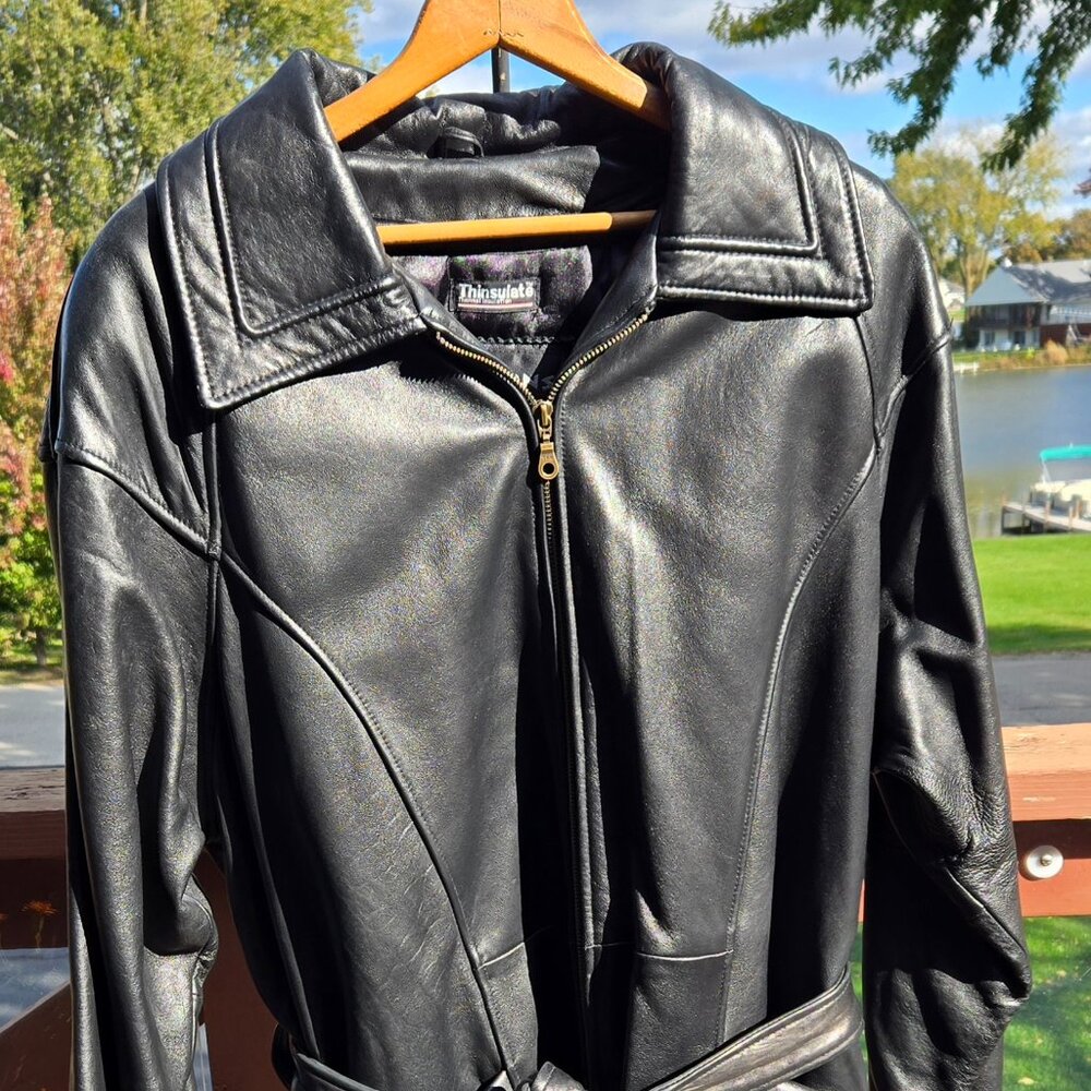 Wilsons Leather Blk Women's Zip Front Belted Car Coat w/Thinsulate Liner Size XL